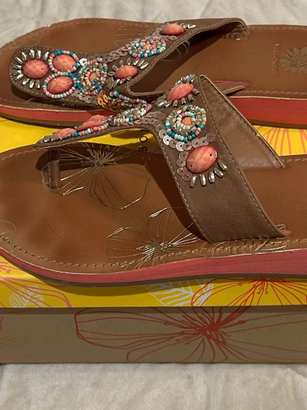 Yellow Box Brown Sandals with Coral and Turquoise Beading - Picture 1 of 7
